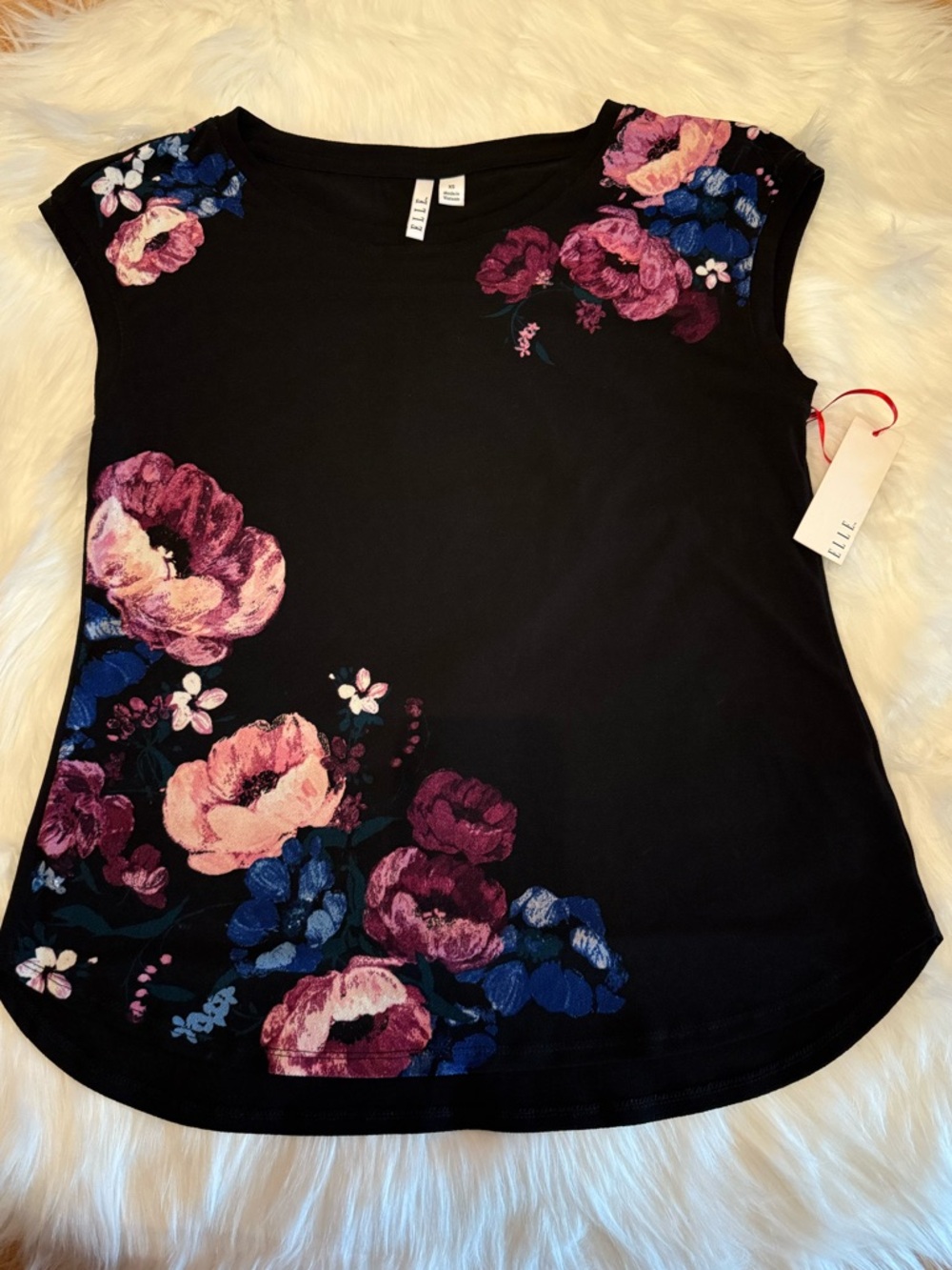 Elle Black Short Sleeve Tee with Pink and Blue Floral Print